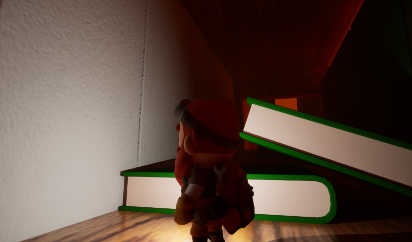 Photo showing the game 'I Refuse The Shelf' which tied for 2nd place in the KTS Game Jam 1, with a cartoonish character standing on a shelf in front of books.